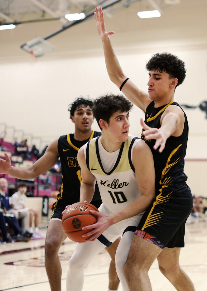 Keller's Steven Ramirez (10) tries to get around Plano East's Moustafa Abualneel (13) during...