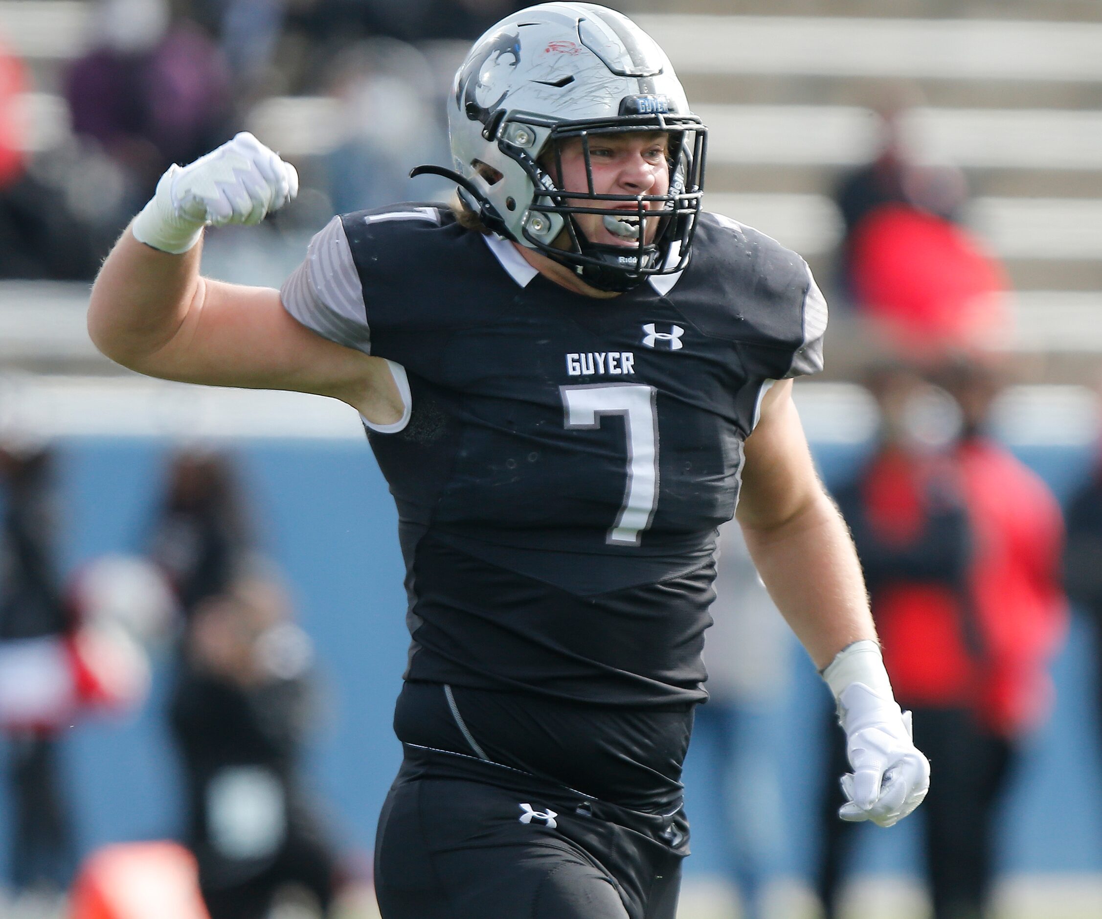 Denton Guyer High School Cooper Lanz (7) celebrates a sack on a fourth down attempt during...