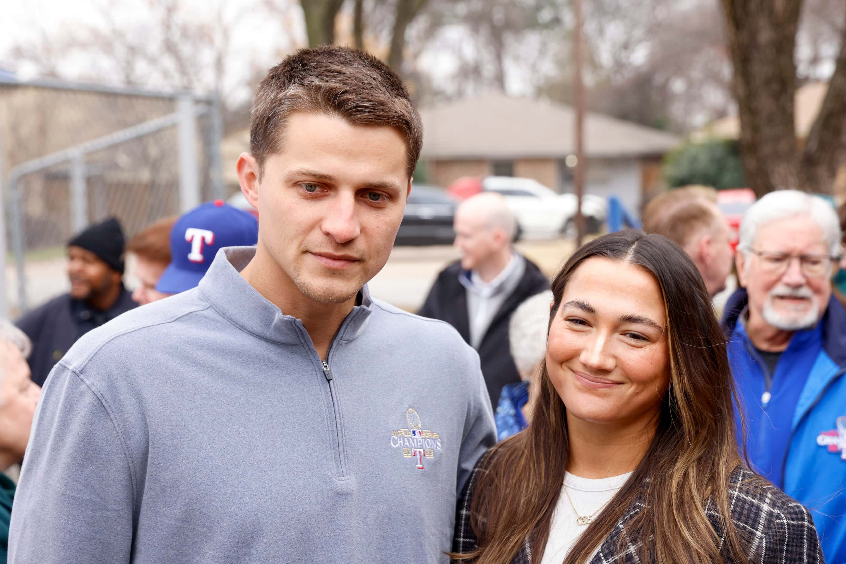 Texas Rangers shortstop Corey Seager and his wife Madisyn Seager listen to questions from...