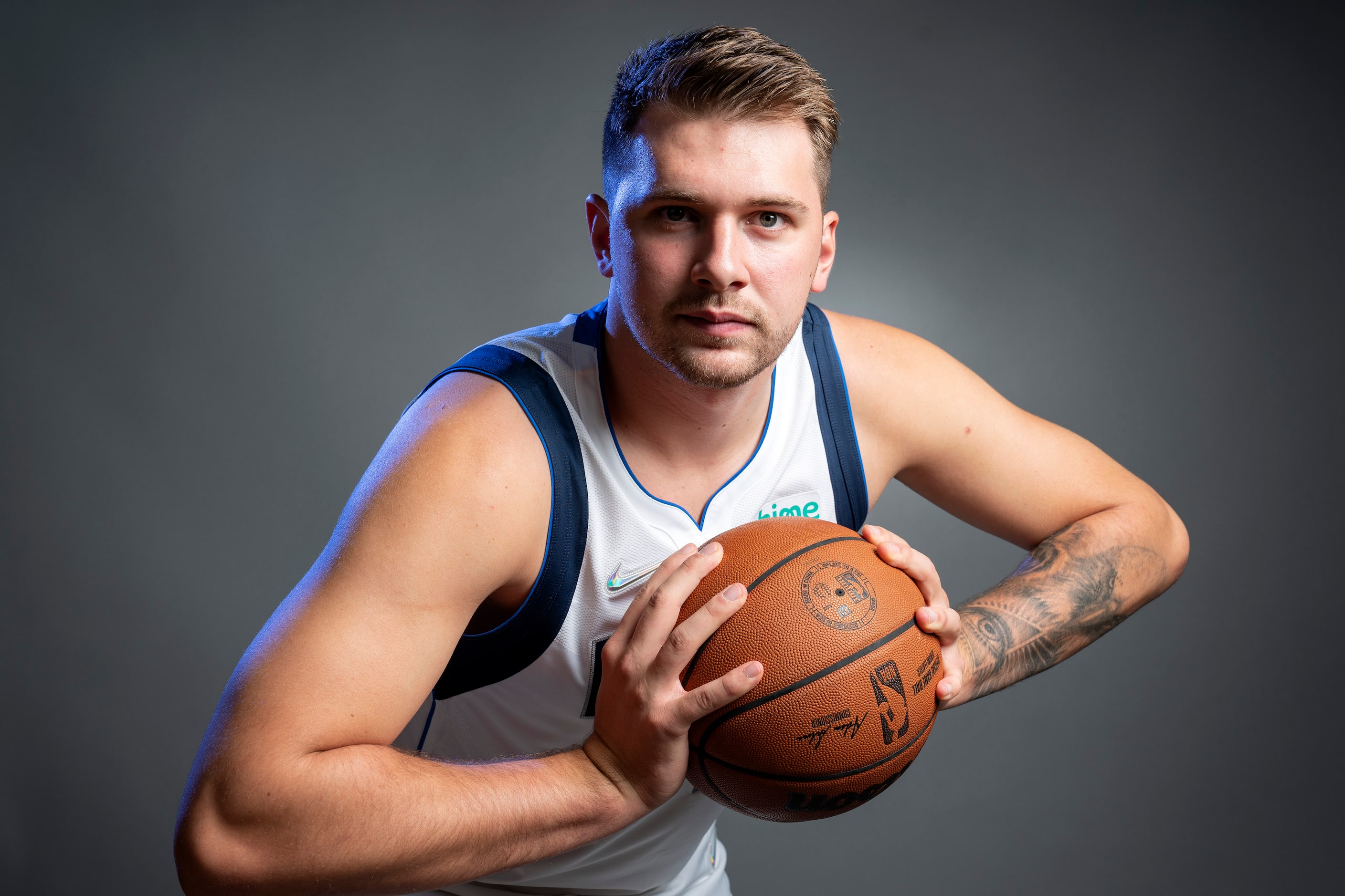 Dallas Mavericks guard Luka Dončić poses for a portrait during the Dallas Mavericks media...