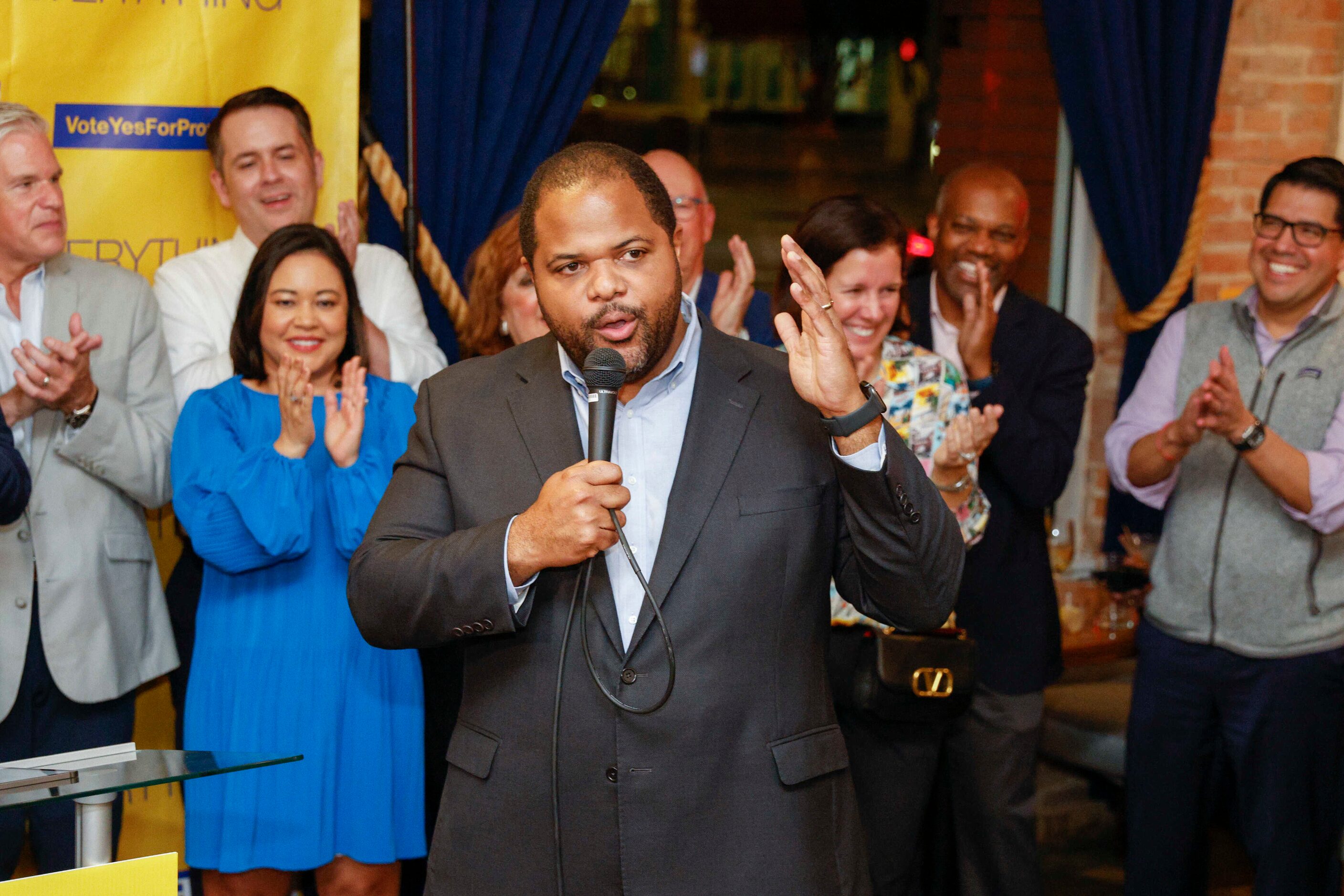 Dallas Mayor Eric Johnson address supporters and community leaders after the apparent...