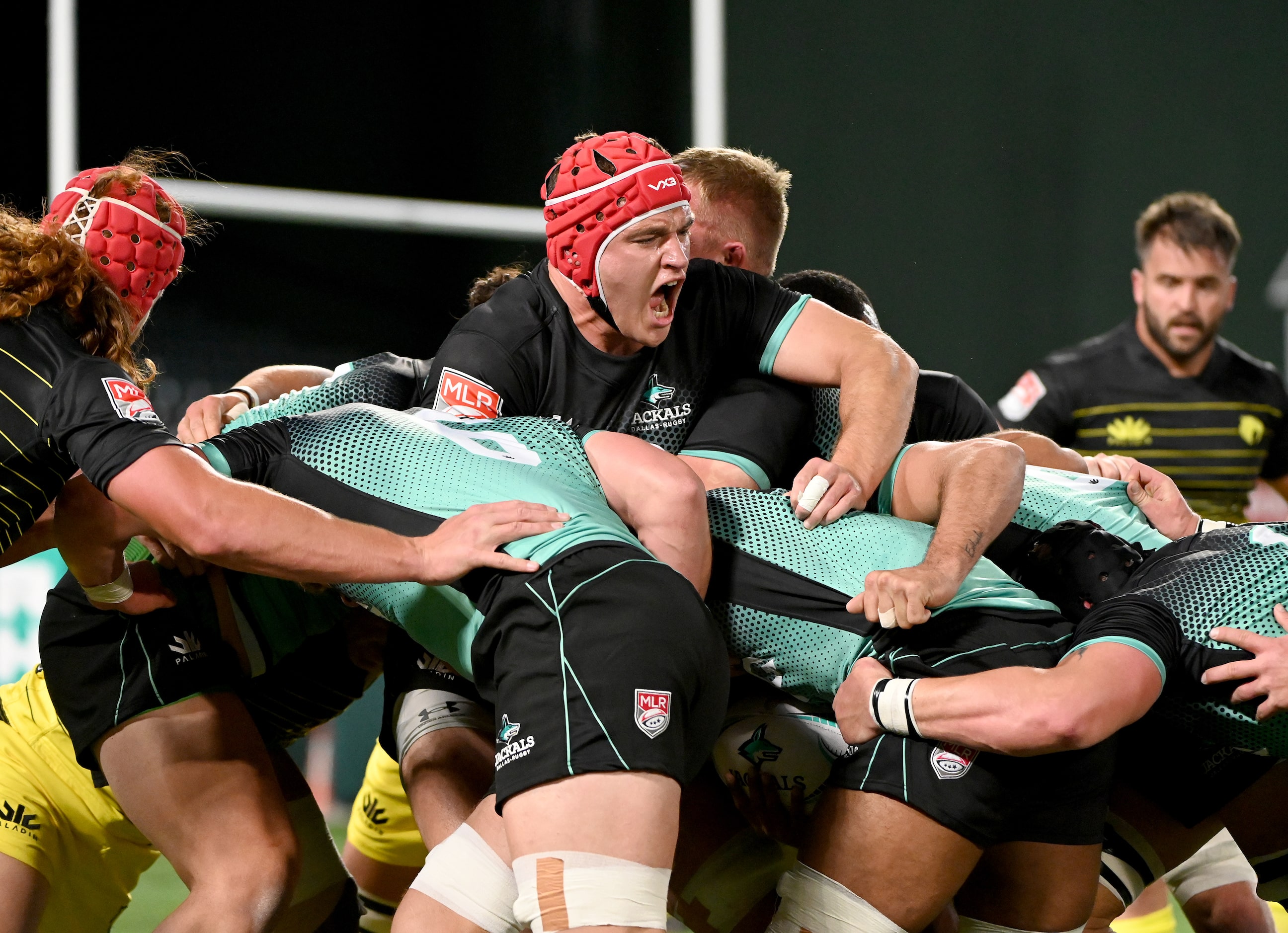 Dallas’ Bronson Teles (5) yells during a scrum during a Major League Rugby match between the...