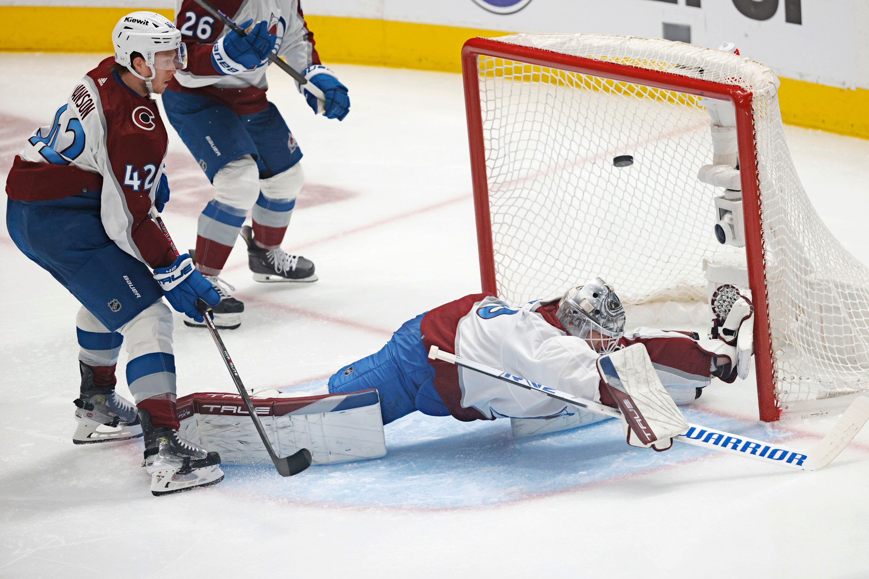 Colorado Avalanche goaltender Alexandar Georgiev (40) cannot stop a shot by Dallas Stars...