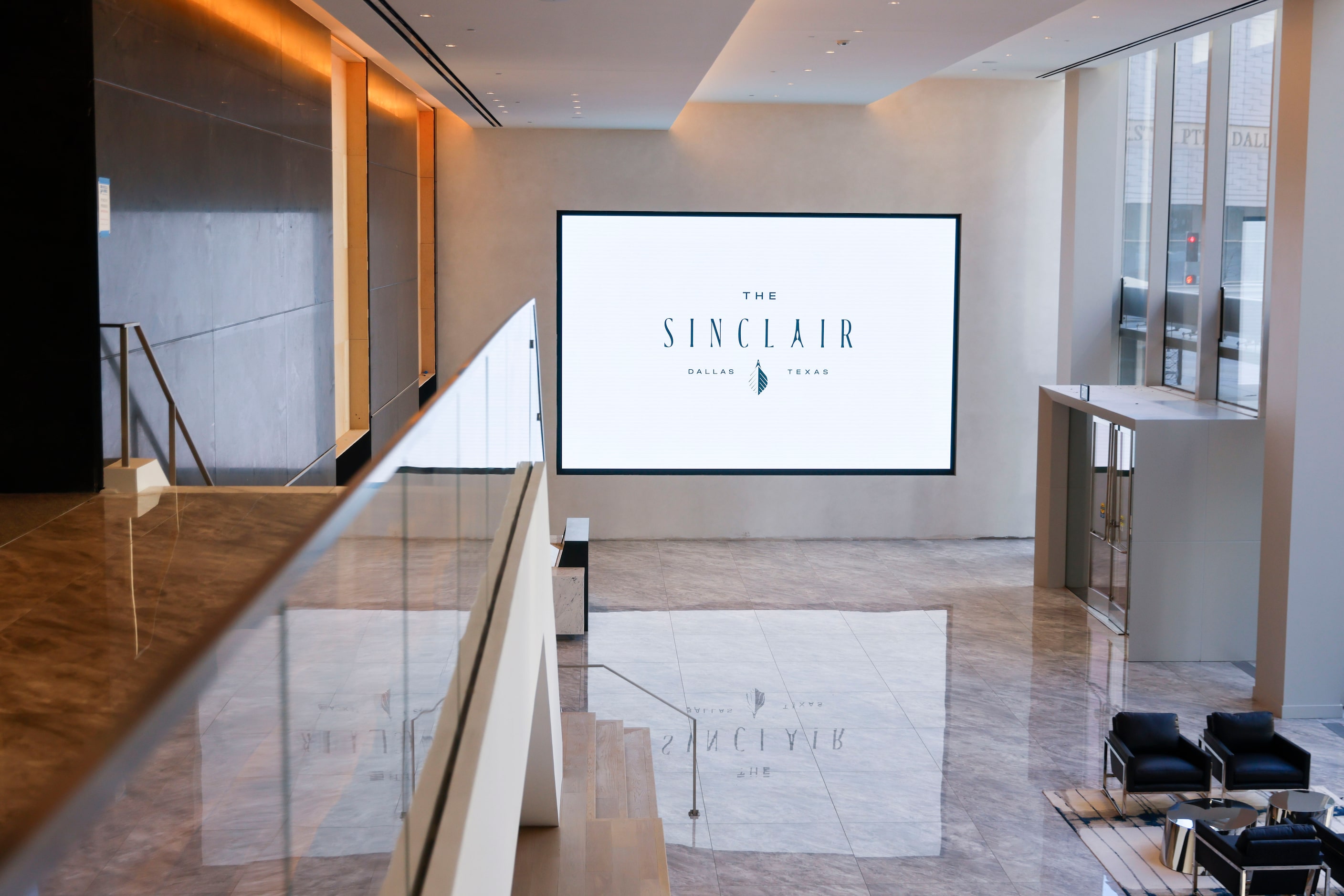 The office lobby of the newly renovated Energy Plaza office tower in downtown Dallas.