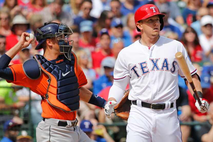 Texas Rangers left fielder Ryan Rua (16) is pictured after striking out during the Houston...