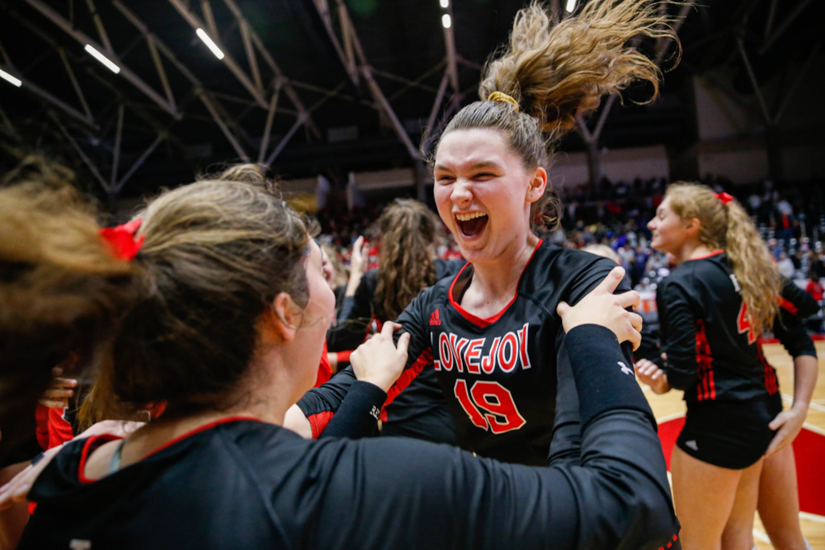 LovejoyÃs Lexie Collins (19) celebrates with her team after beating Friendswood in the...