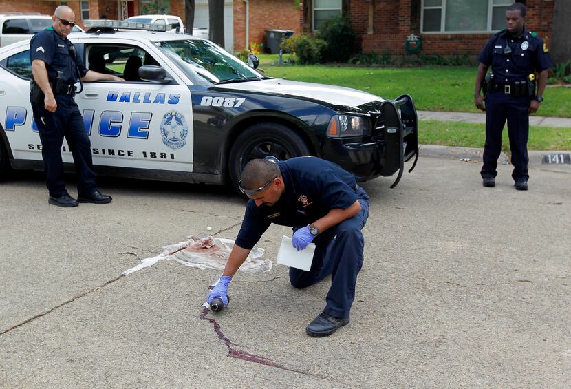 Dallas firefighter G.G. Rodriguez uses hydrogen peroxide to clean a blood stain off Leda...