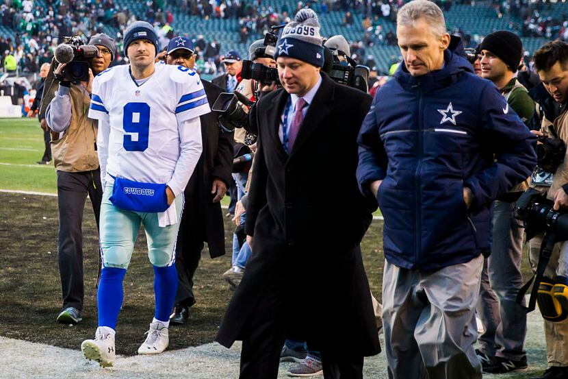 Dallas Cowboys quarterback Tony Romo walks off the field after a loss to the Philadelphia...
