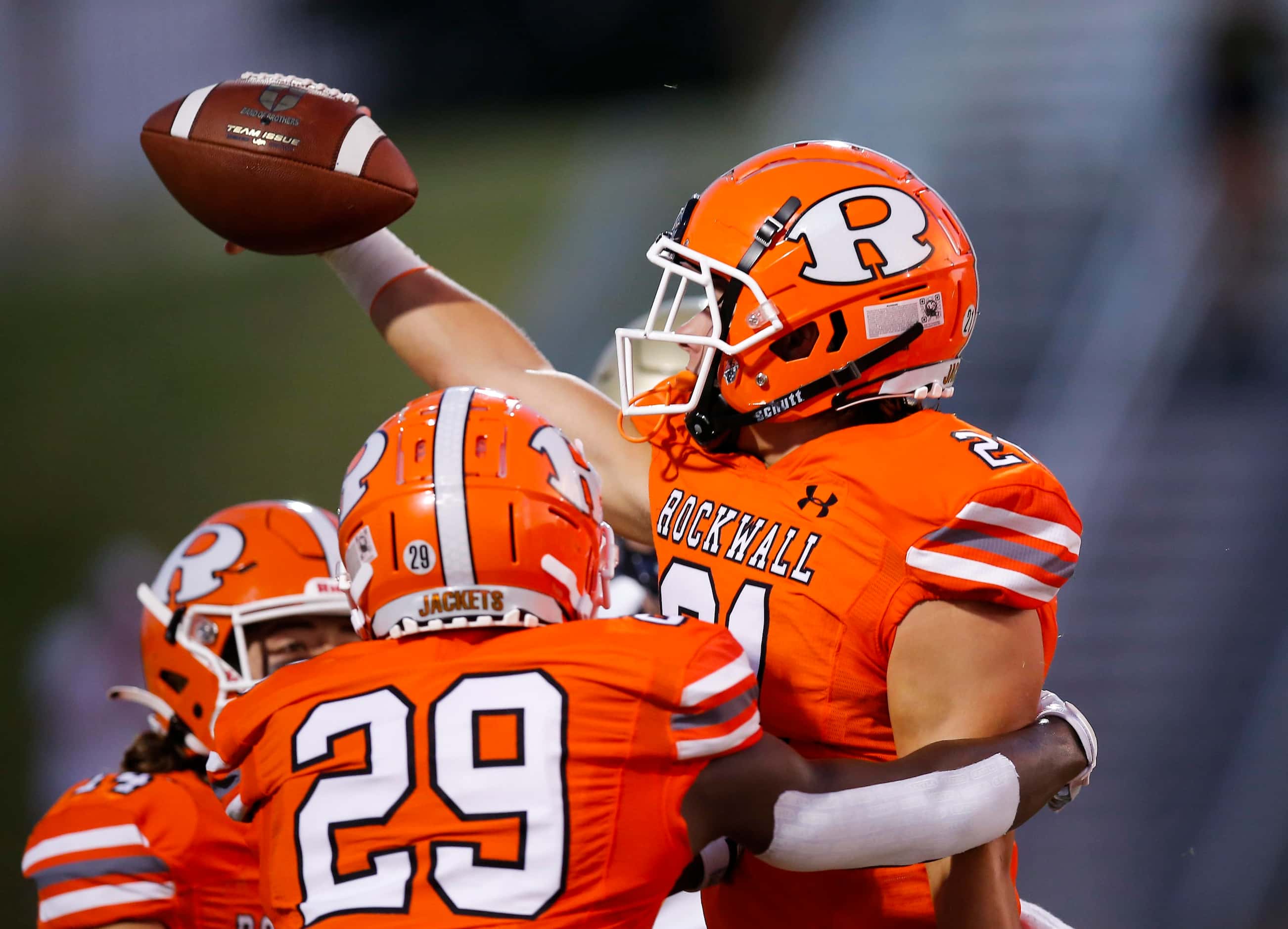 Rockwall sophomore safety Jake Overstreet (21) celebrates blocking and recovering a Jesuit...
