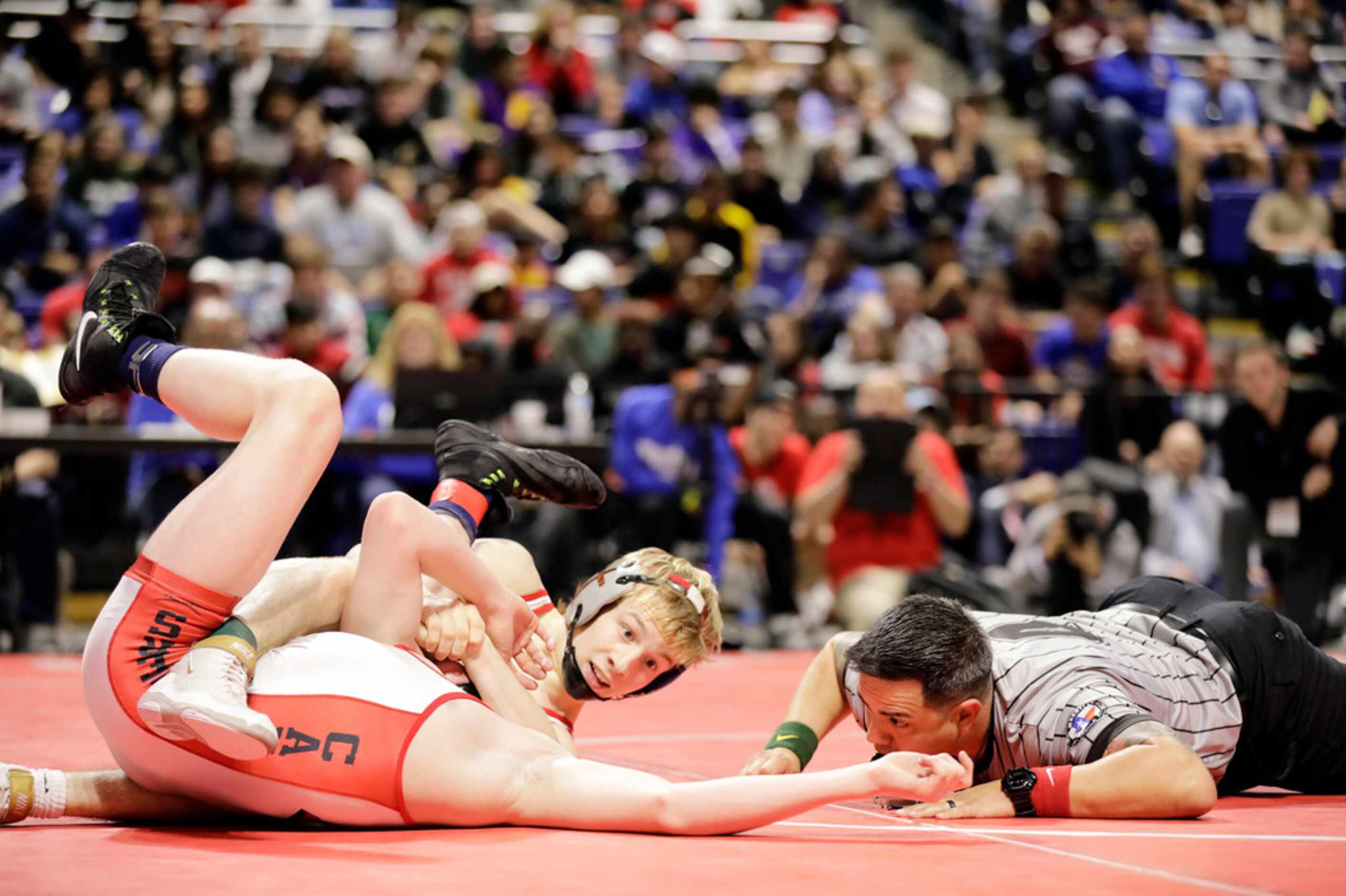Braxton Brown of Allen wrestles during the UIL Texas State Wrestling Championships,...