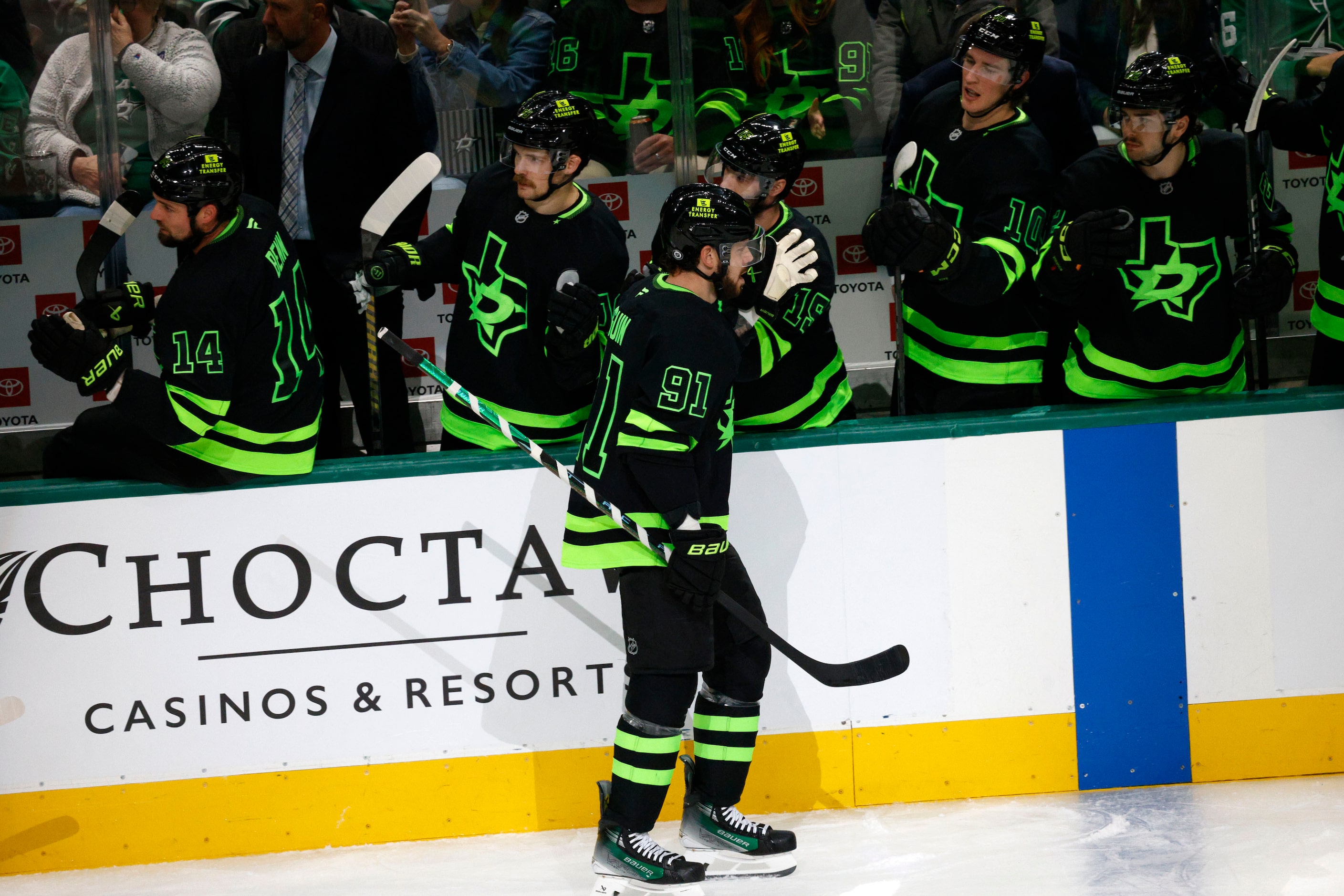 Dallas Stars center Tyler Seguin (91) is congratulated after his goal against Colorado...