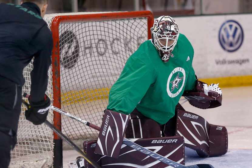 FILE - Stars goalie Colton Point practices during development camp at StarCenter Frisco in...