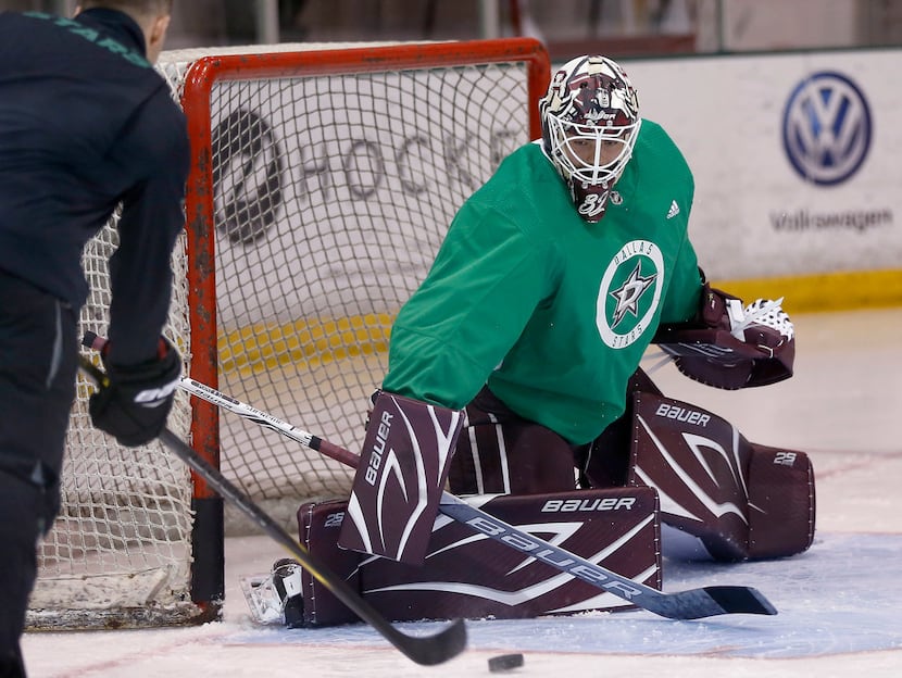 Dallas Stars goalie Colton Point practices during Development Camp at StarCenter Frisco in...