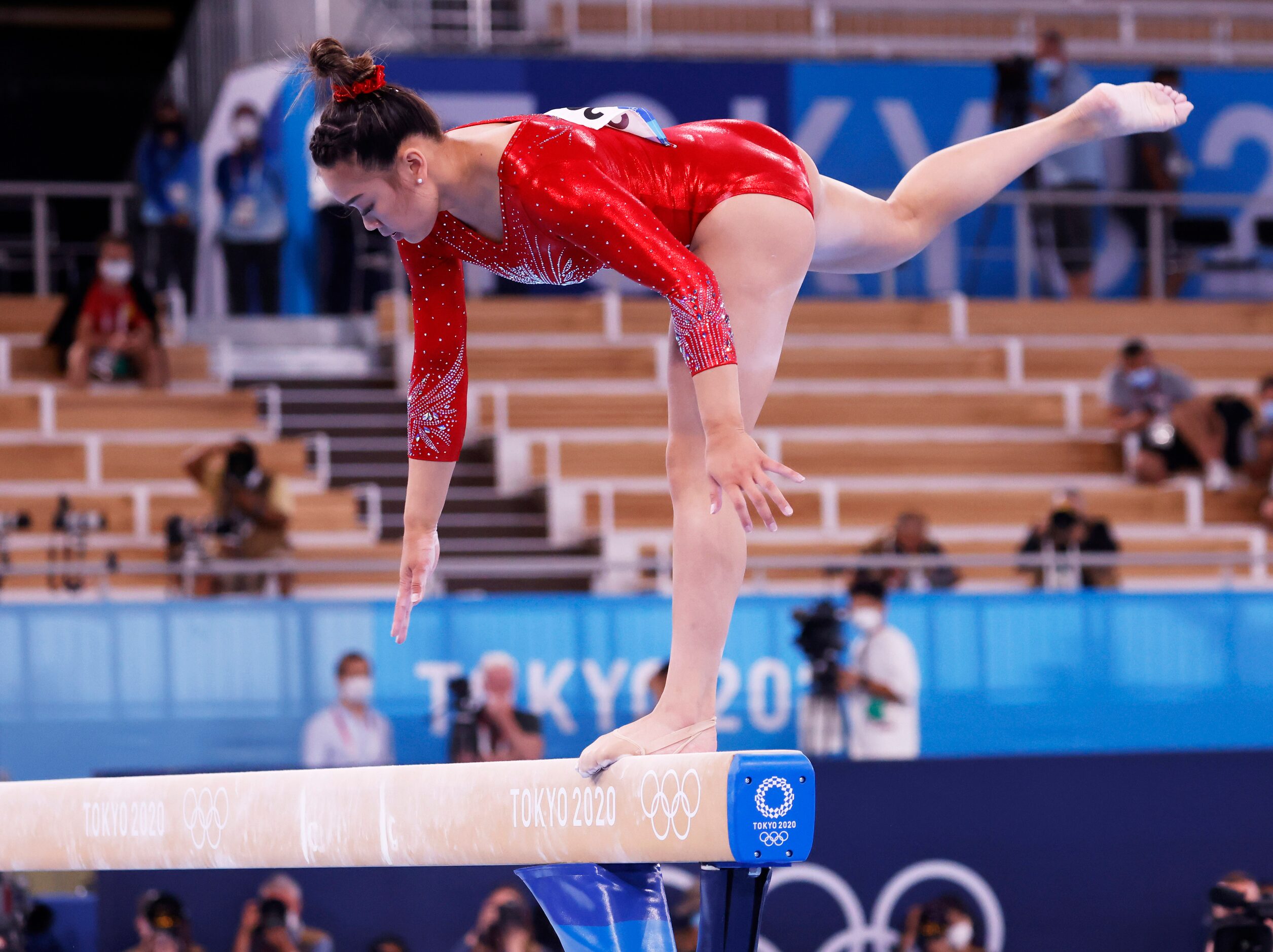 USA’s Sunisa Lee catches her balance as she competes in the women’s balance beam final at...