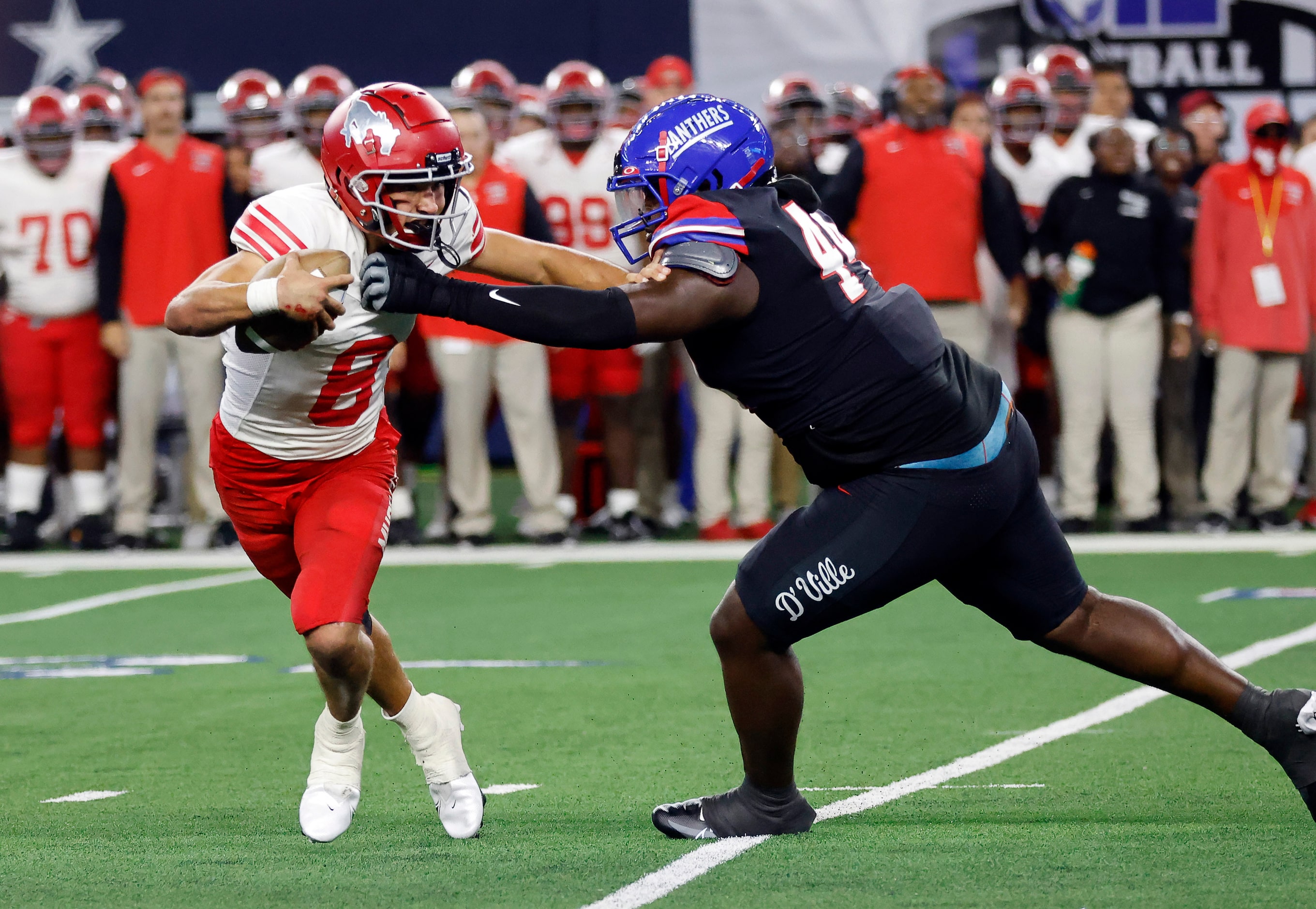 Duncanville defensive lineman William Glenn (44) puts pressure on Galena Park North Shore...