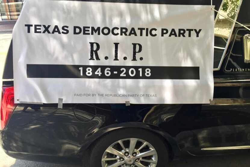 The Republican Party of Texas parked a hearse outside of the Fort Worth Convention Center in...
