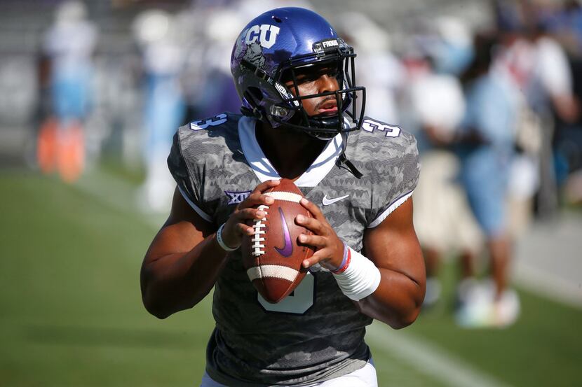 TCU quarterback Shawn Robinson (3) warms up before taking on Southern University in an NCAA...