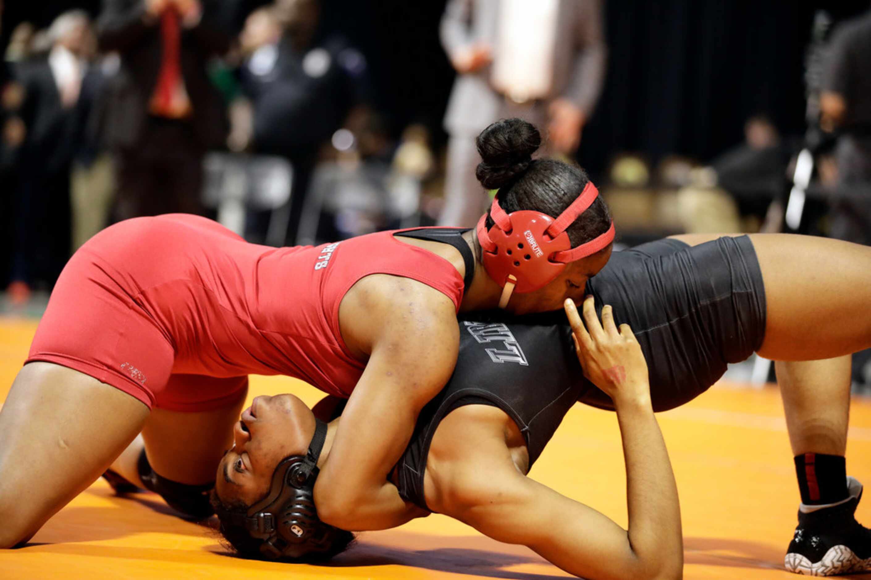 Destiny Miles of Dallas Kimball wrestles during the UIL Texas State Wrestling Championships,...