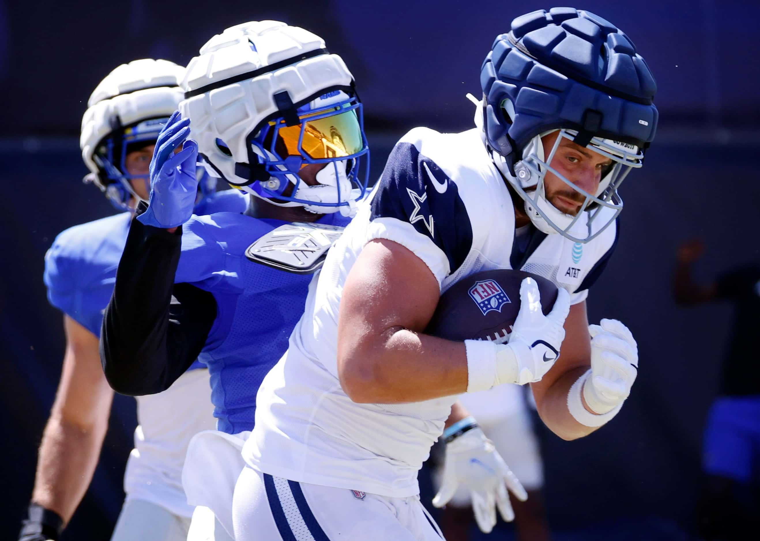 Dallas Cowboys tight end Jake Ferguson (87) makes a pass completion against Los Angeles Rams...