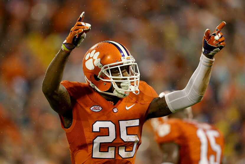 CLEMSON, SC - OCTOBER 03:  Cordrea Tankersley #25 of the Clemson Tigers reacts after a play...