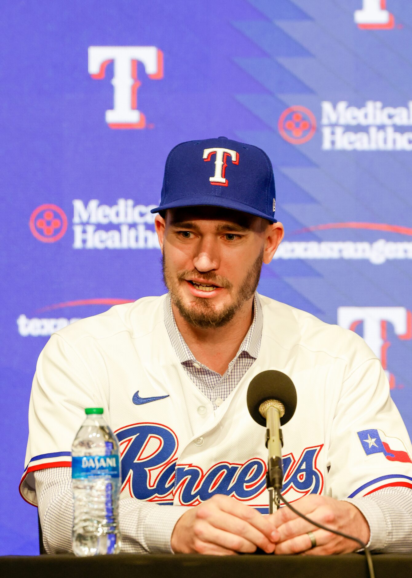 New Texas Rangers pitcher Andrew Heaney responds to media questions at Globe Life Field on...