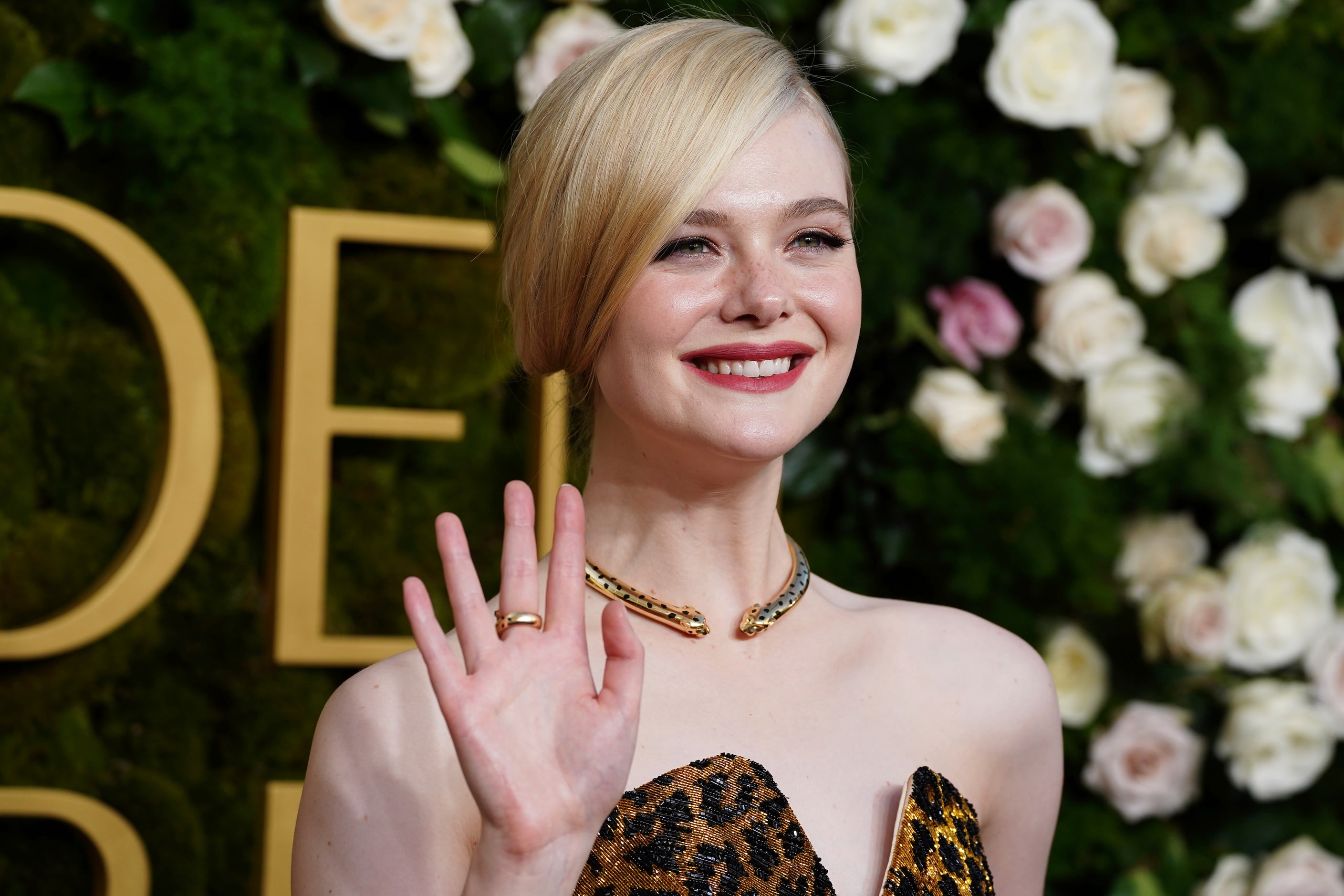 Elle Fanning arrives at the 82nd Golden Globes on Sunday, Jan. 5, 2025, at the Beverly...