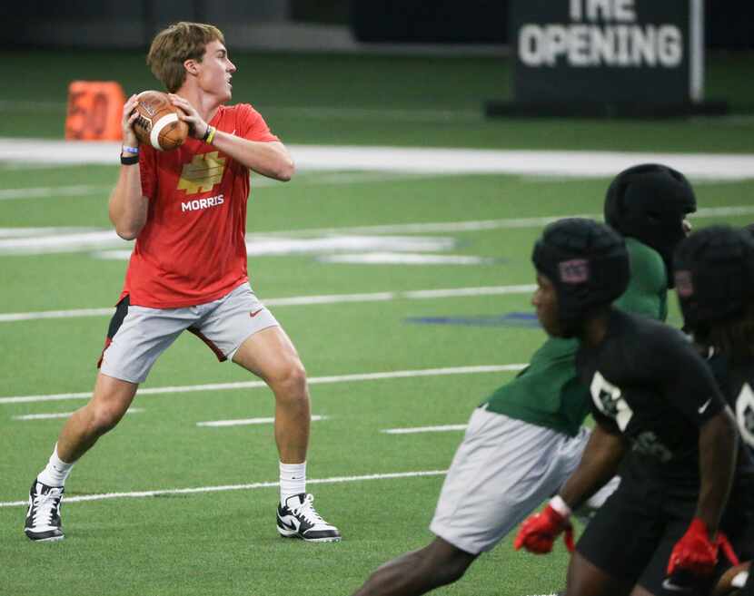 Quarterback Chandler Morris, of Highland Park, Texas, looks to make a pass during the Elite...