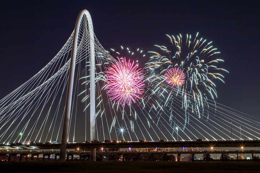 Fireworks exploded over the Margaret Hunt Hill Bridge last year.