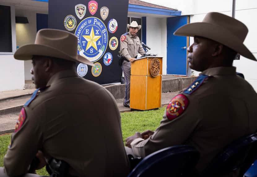 Regional Director Jeremy Sherrod with the Texas Department of Public Safety speaks during a...