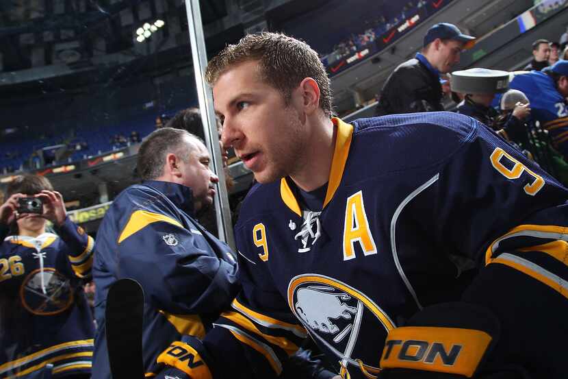 Derek Roy #9 of the Buffalo Sabres heads to the ice to warm up for a game against the New...
