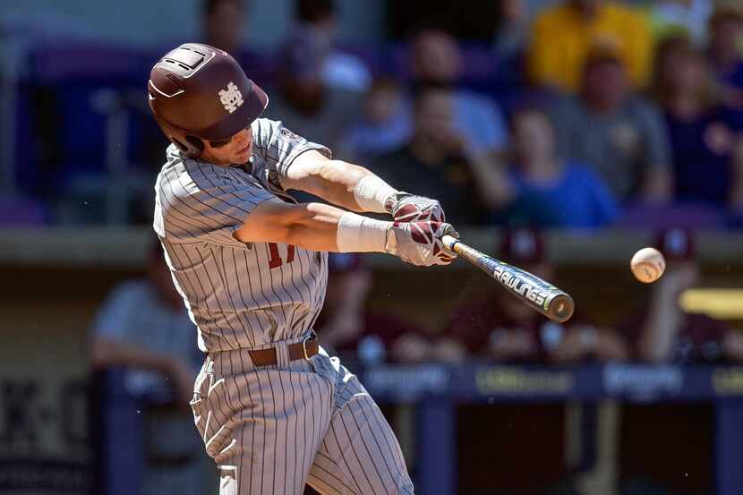 BATON ROUGE, LA - MARCH 31: Mississippi State Bulldogs infielder Justin Foscue (17) bats...