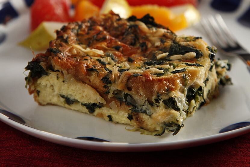 Spinach-Gruyère Strata; plate and fork from Crate & Barrel 