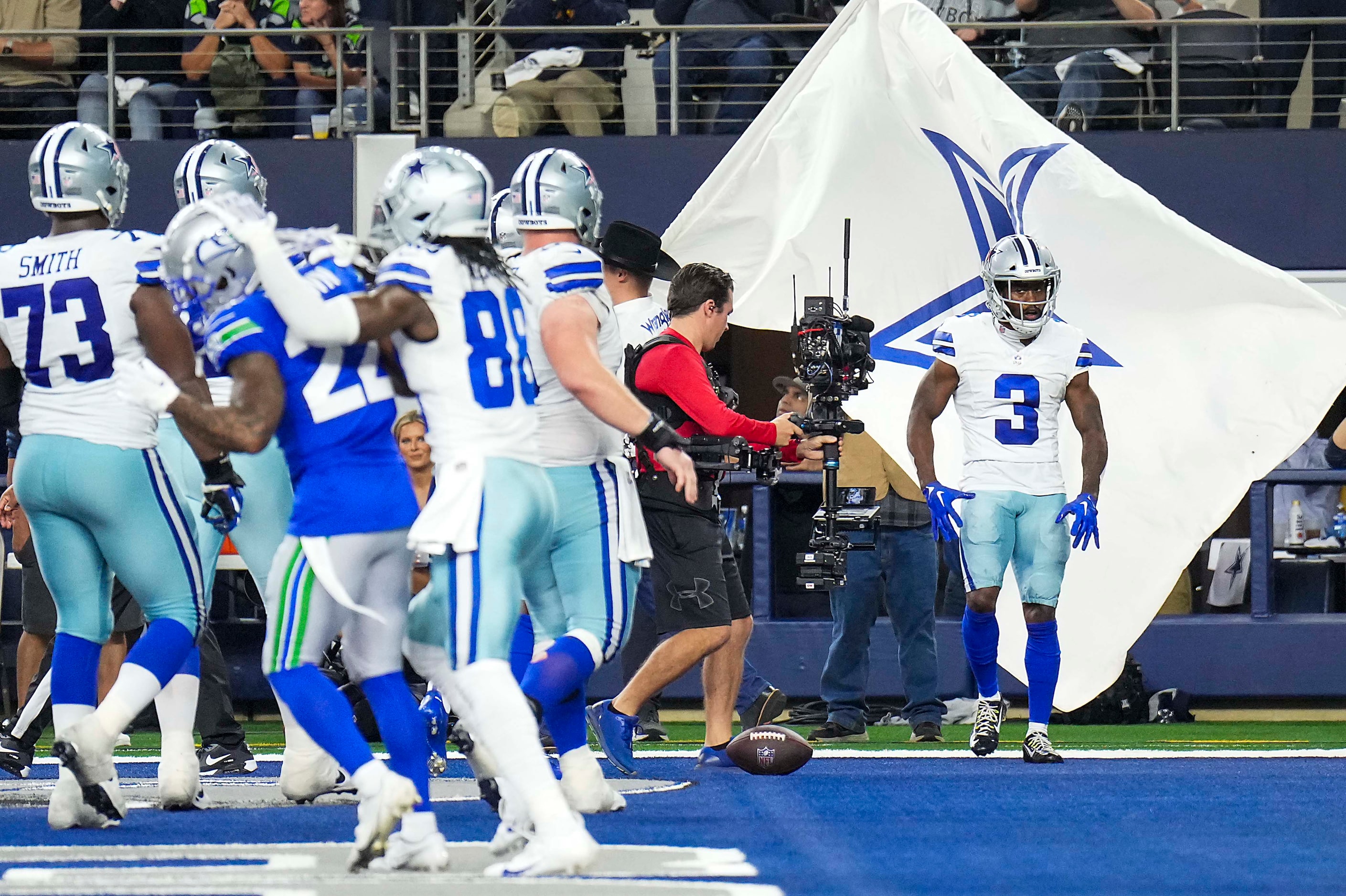 Dallas Cowboys wide receiver Brandin Cooks (3) celebrates after scoring for a 2-point...