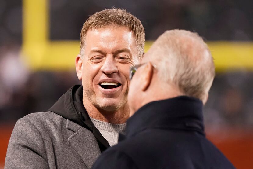 Troy Aikman laughs with Dallas Cowboys Chief Operating Officer/Executive Vice President...