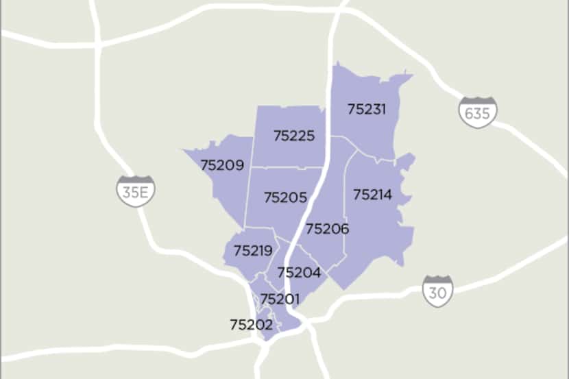 Map of the 10 ZIP Codes in Dallas where San Francisco-based Instacart is launching its...