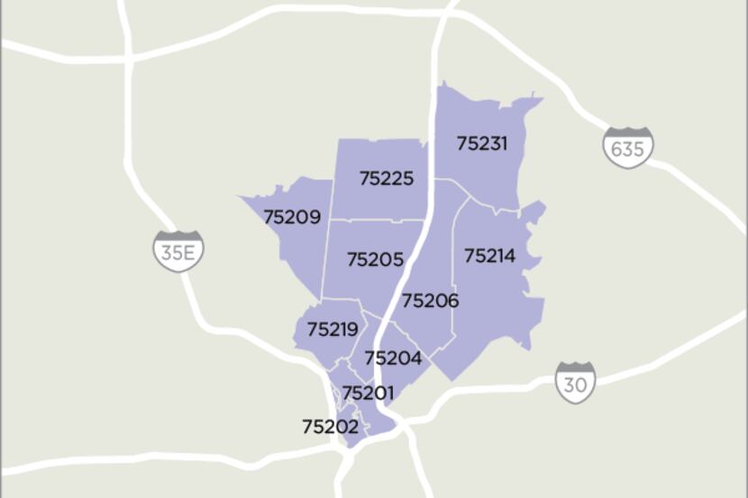 Map of the 10 ZIP Codes in Dallas where San Francisco-based Instacart is launching its...