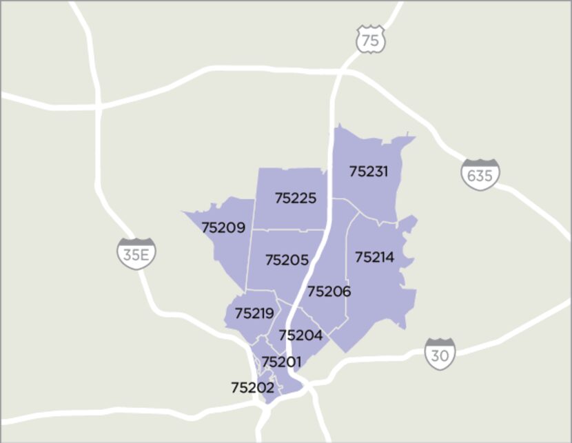 Map of the 10 ZIP Codes in Dallas where San Francisco-based Instacart is launching its...