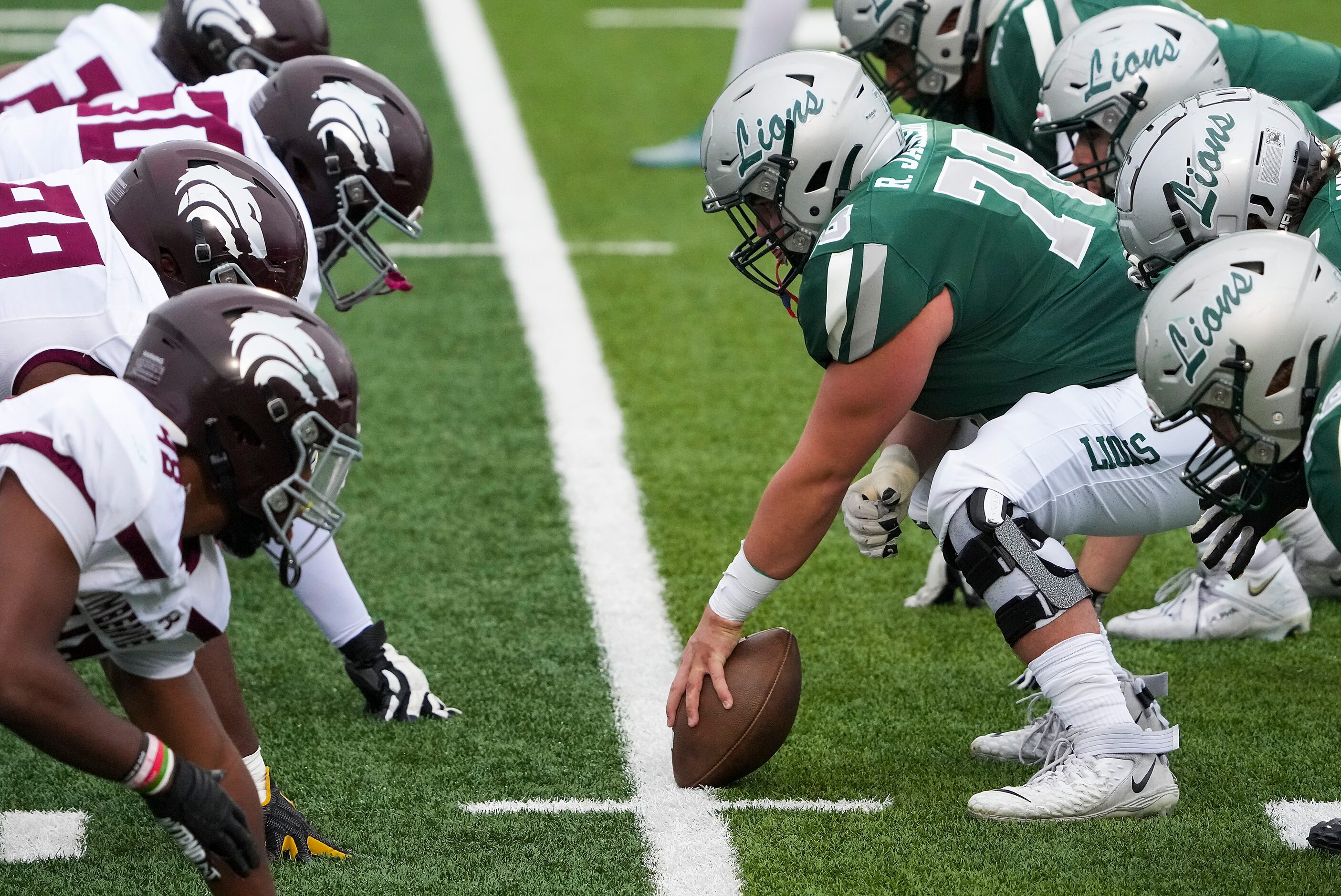 Frisco Reedy offensive lineman Rhett Jackson (78) prepares for a snap against Mansfield...