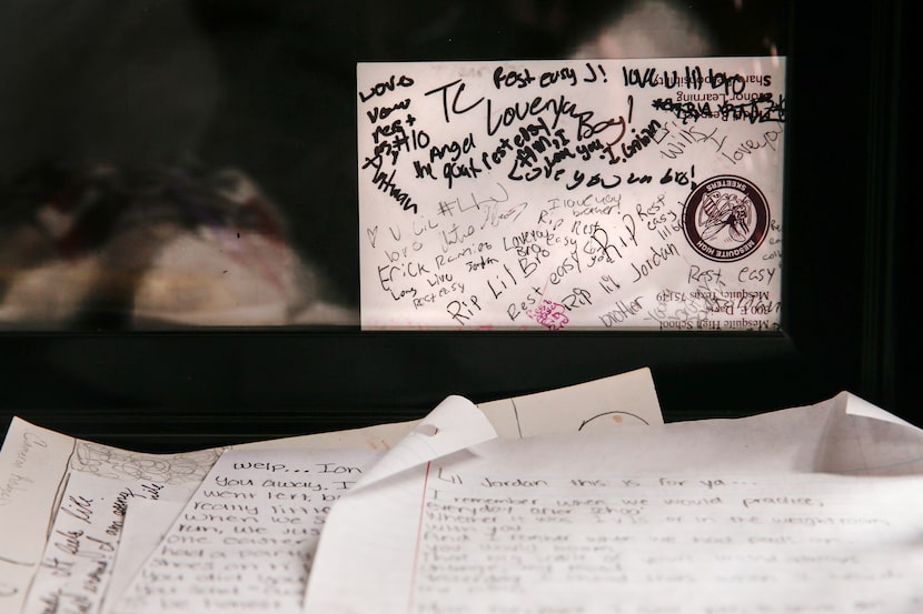 The locker of former Mesquite football player Jordan Edwards is seen on Thursday, Oct. 31,...