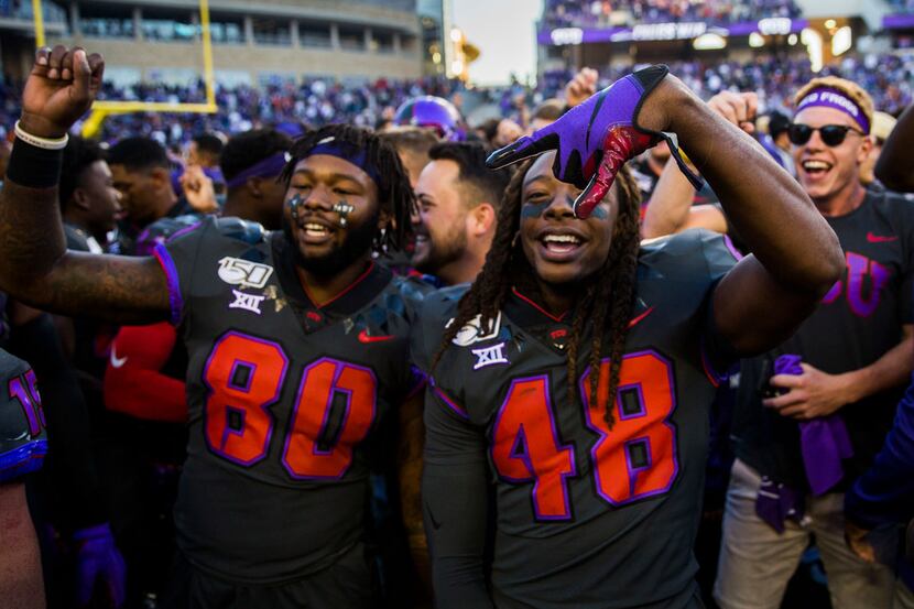 The TCU Horned Frogs were all smiles after beating Texas 37-27 Saturday. (Ashley Landis/The...