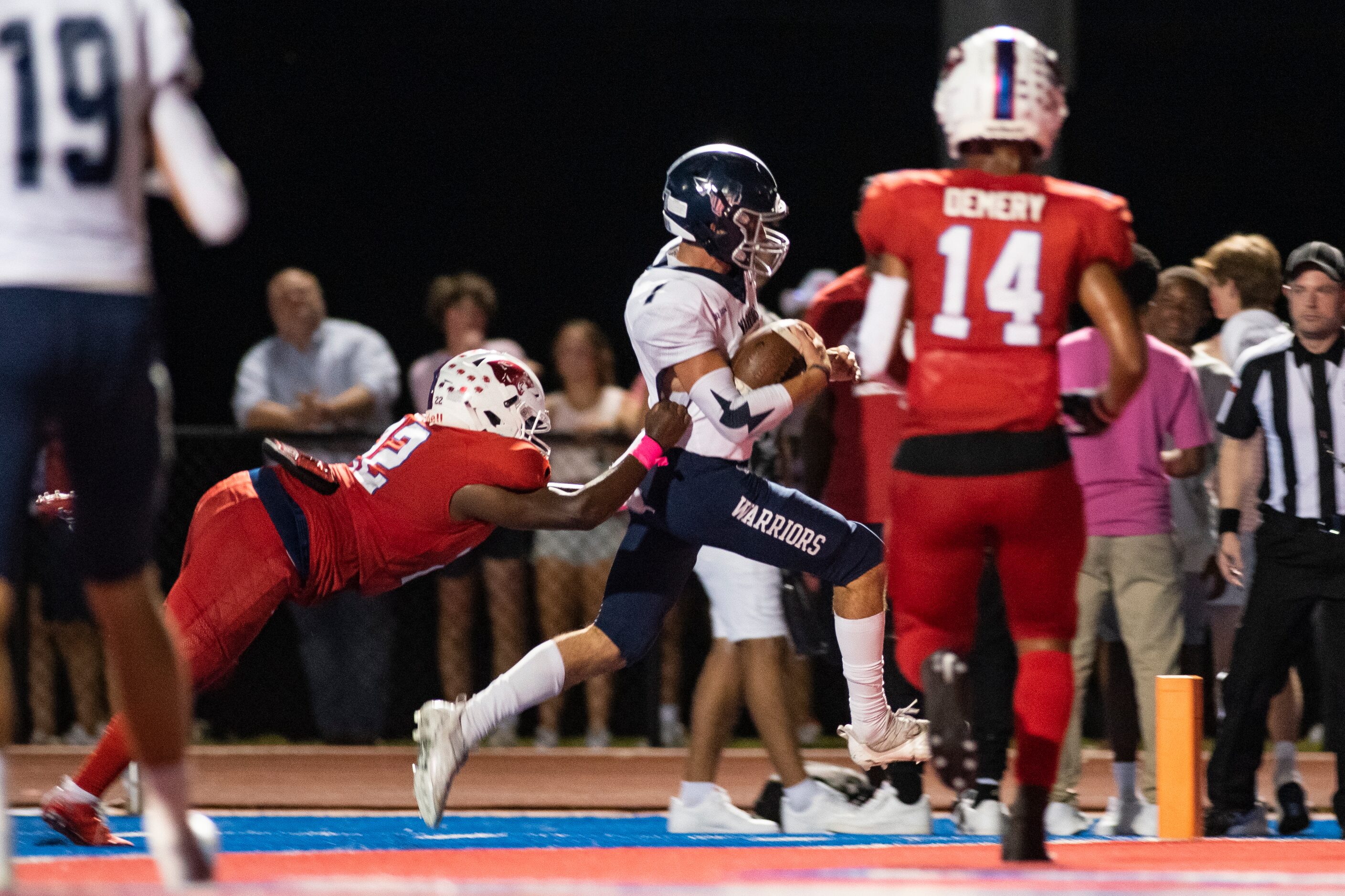 Argyle Liberty Christian junior Steel Doss (7) rushes into the end zone for a touchdown...