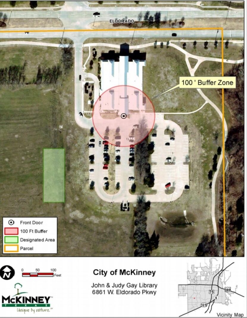 This city of McKinney map shows the John and Judy Gay Public Library with the 100-foot...