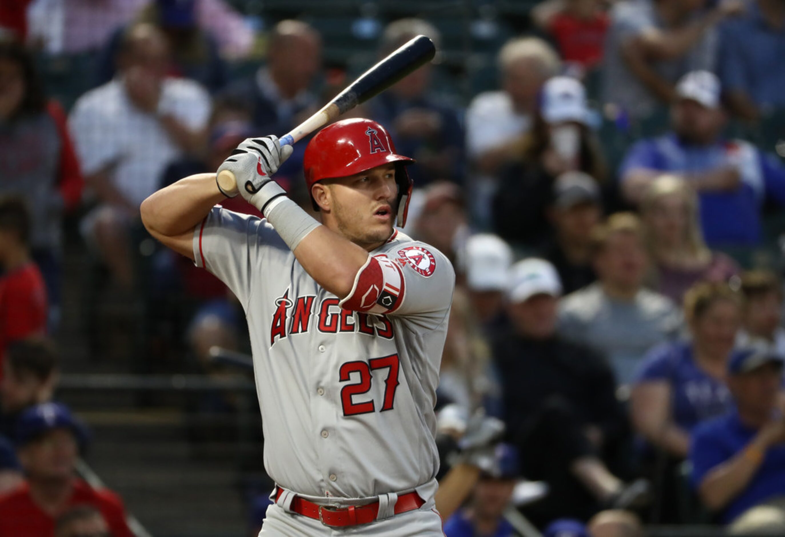 ARLINGTON, TEXAS - APRIL 16:  Mike Trout #27 of the Los Angeles Angels bats in the third...