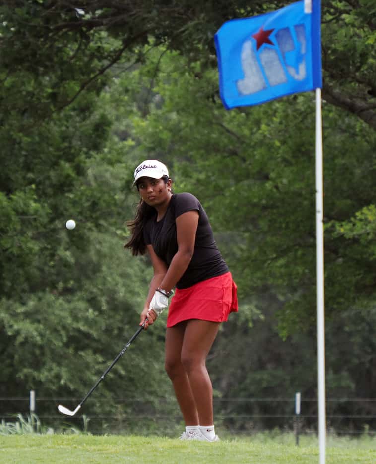 Coppell’s Nethra Sheri chips onto the green on hole #3 during round 1 of the UIL Girl’s 6A...
