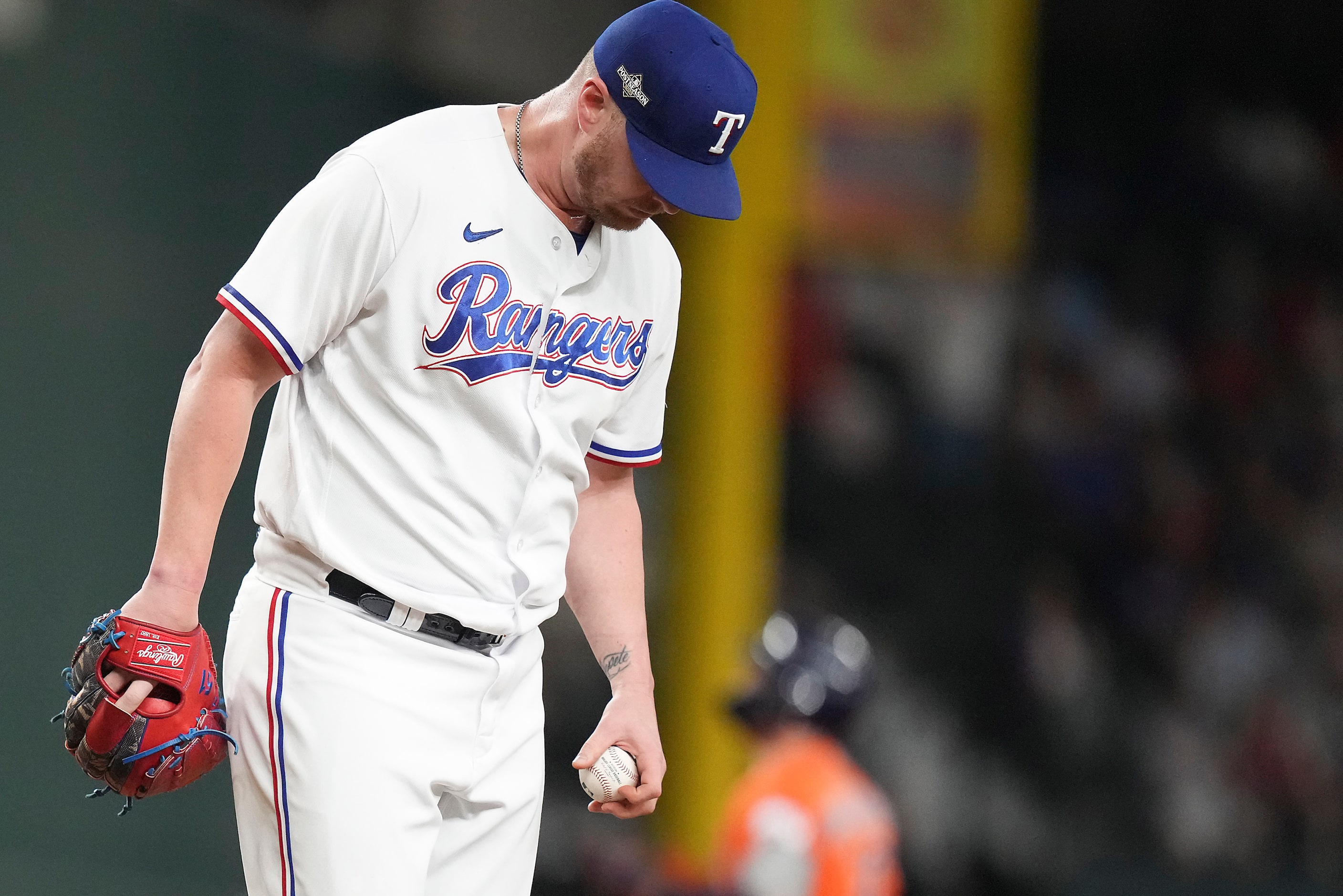 Texas Rangers relief pitcher Will Smith reacts as Houston Astros left fielder Chas McCormick...