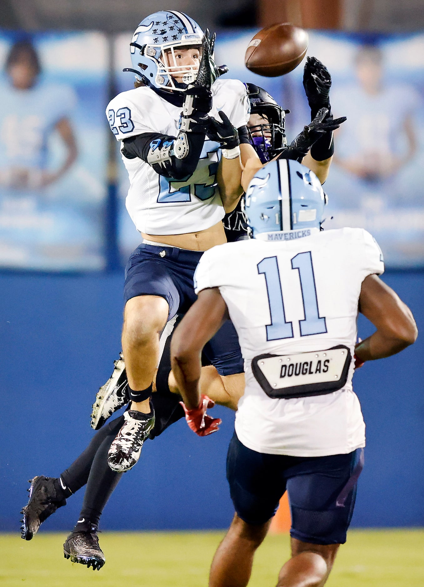 Frisco Emerson linebacker Nate Leal (23) intercepts a pass intended for Frisco Independence...