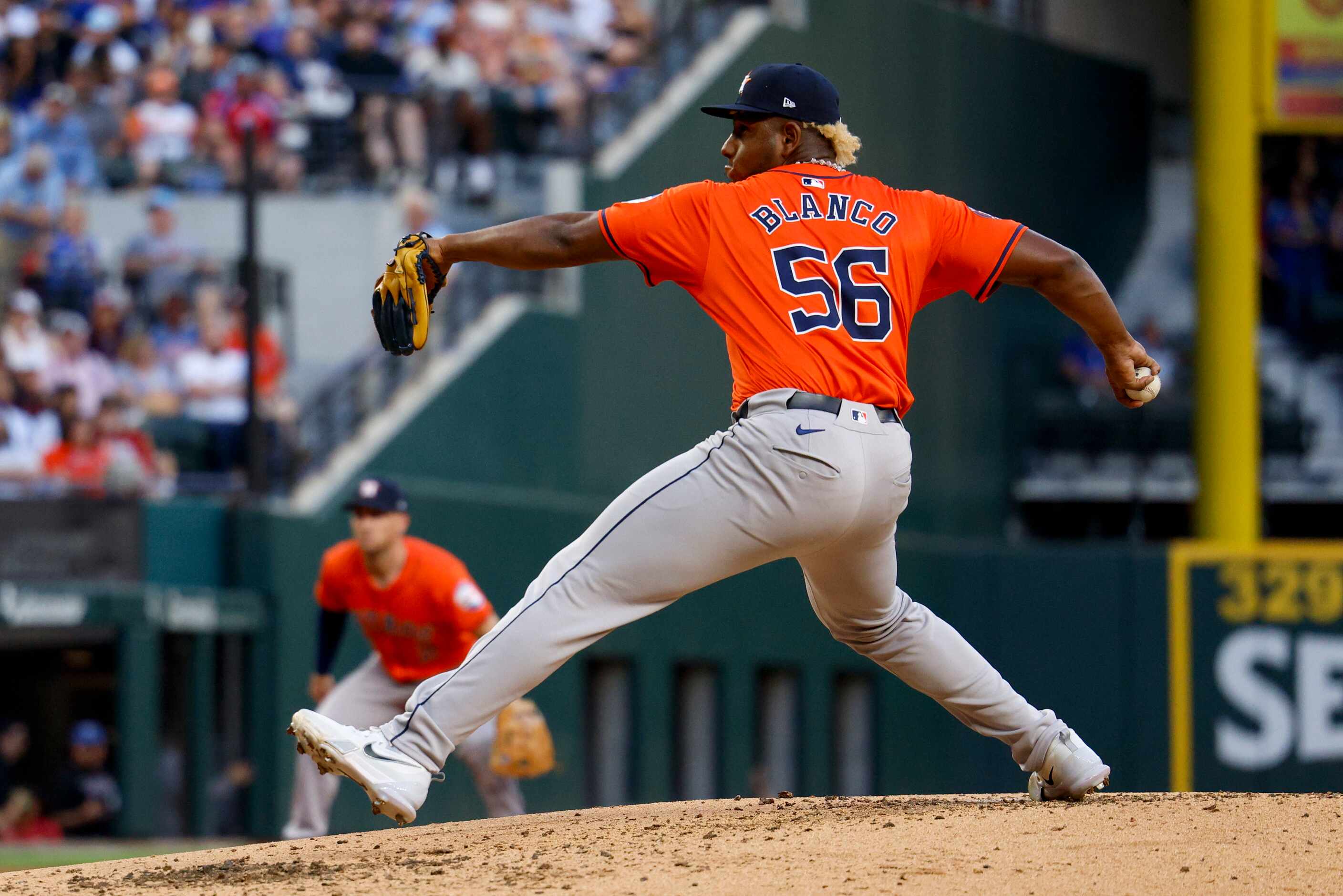 Houston Astros pitcher Ronel Blanco (56) delivers a pitch during the fourth inning against...