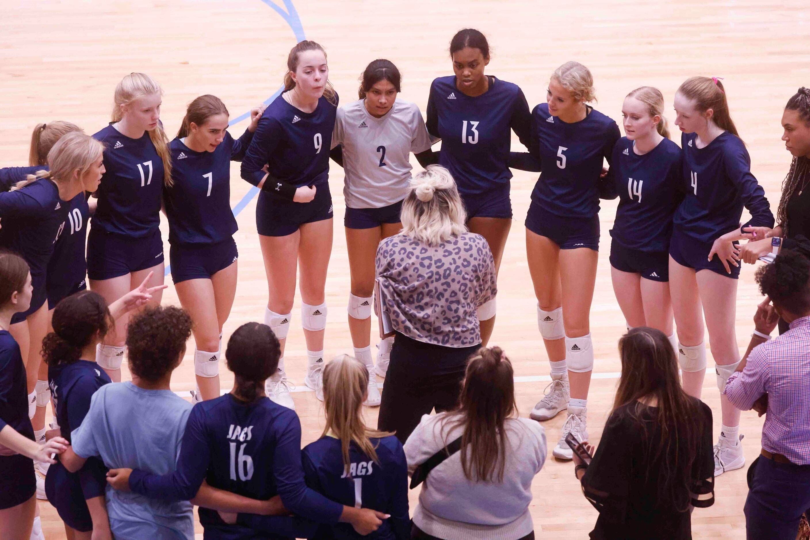 Flower Mound head coach Jamie Seigel interacts her team against Highland Park High during a...