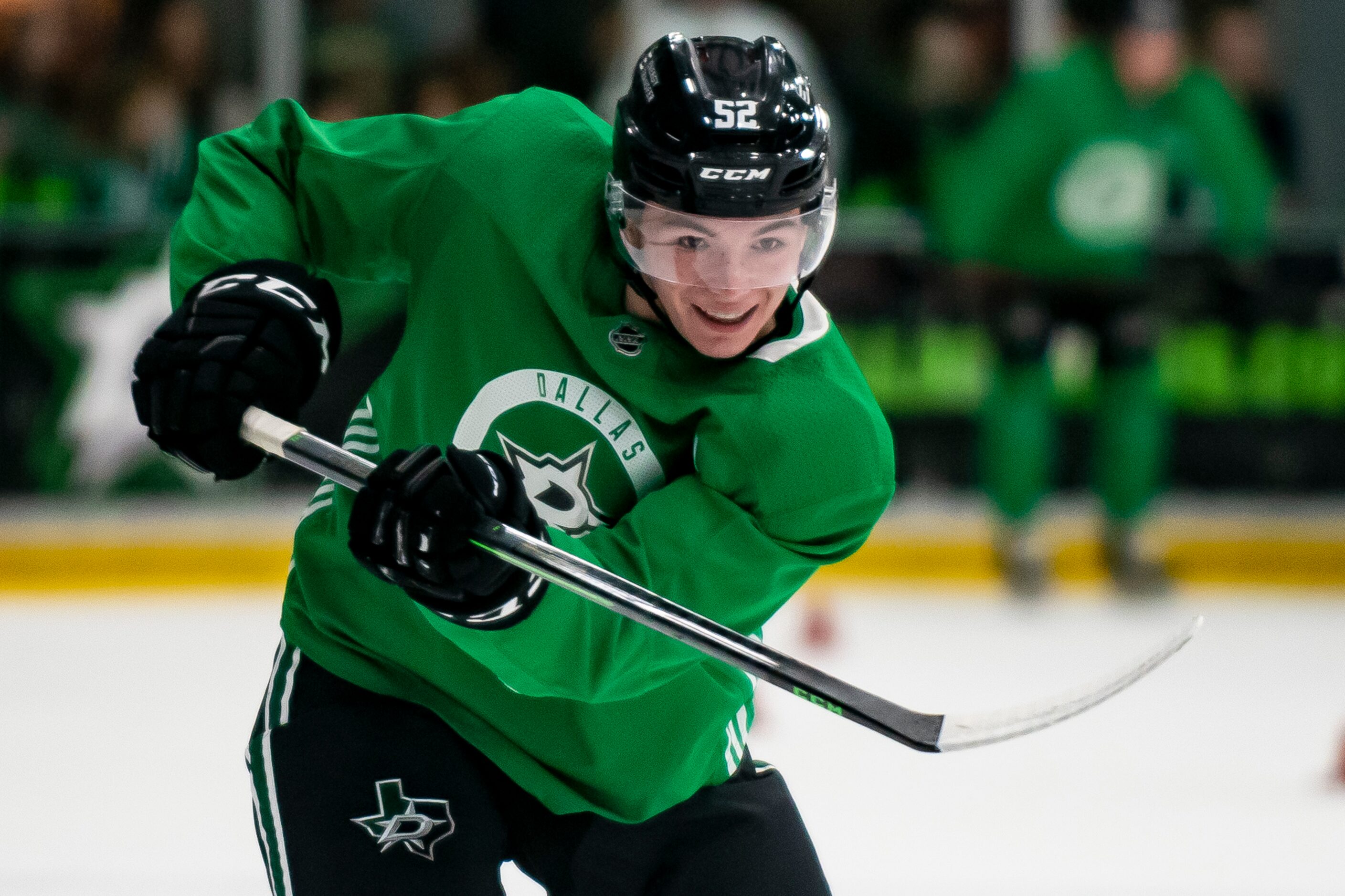 Forward Conner Roulette (52) fires a shot at the goal while going through a drill during the...