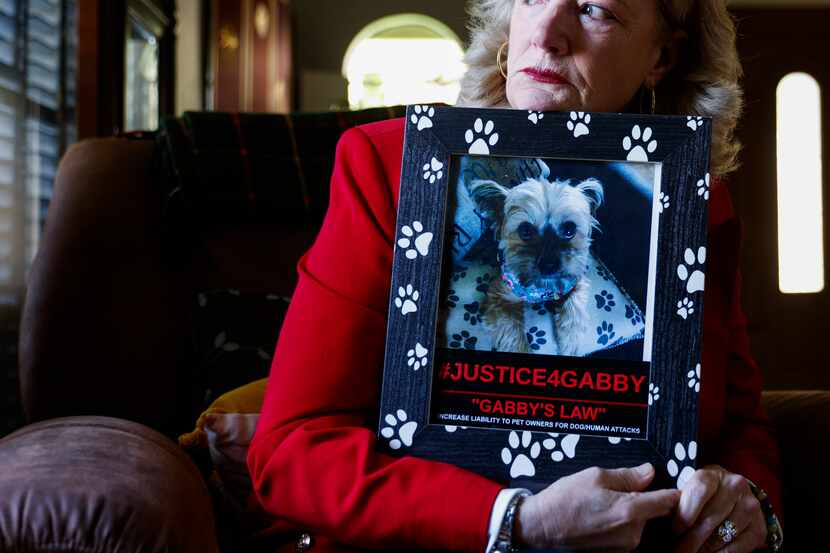 Donna Macey holding a photo of her pet Yorkie, Gabby Marie, poses for a portrait on...